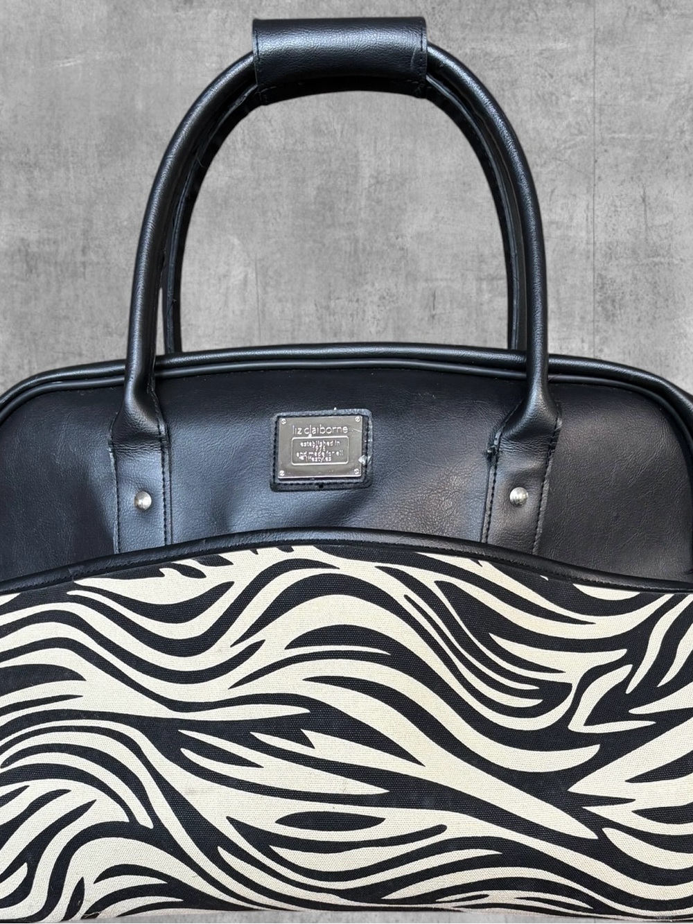 Vintage Liz Claiborne Animal Print Leather Zebra Striped Weekender Bag Wheels